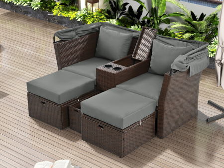 2-Seater Outdoor Patio Daybed Outdoor Double Daybed Outdoor Loveseat Sofa Set with Foldable Awning and Cushions for Garden, Balcony, Poolside, Grey Supply