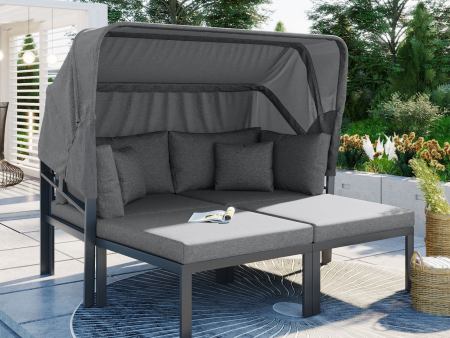 3-Piece Patio Daybed with Retractable Canopy Outdoor Metal Sectional Sofa Set Sun Lounger with Cushions for Backyard, Porch, Poolside,Grey on Sale